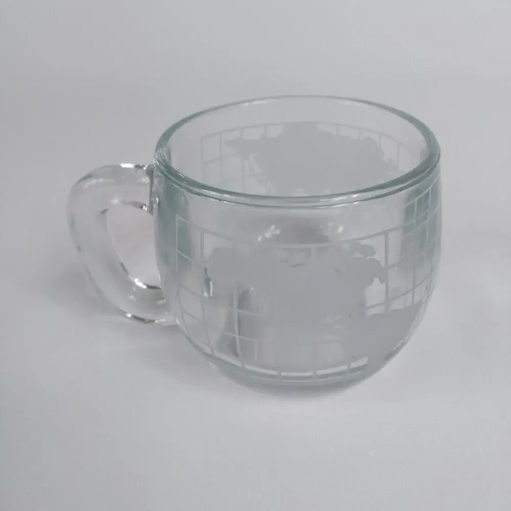 Vintage‎ Nestle Nescafe Etched Clear Glass World Globe Coffee Mug Cup